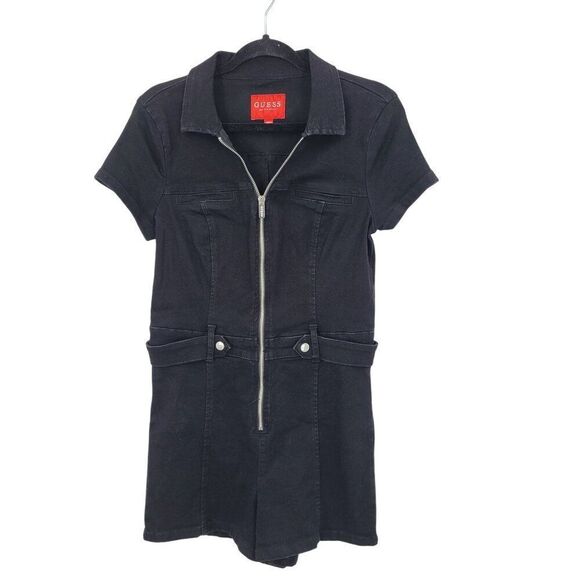 Guess Womens Black Denim Short Sleeve Romper Sz L Zip Stretch Boiler Suit - Picture 1 of 8